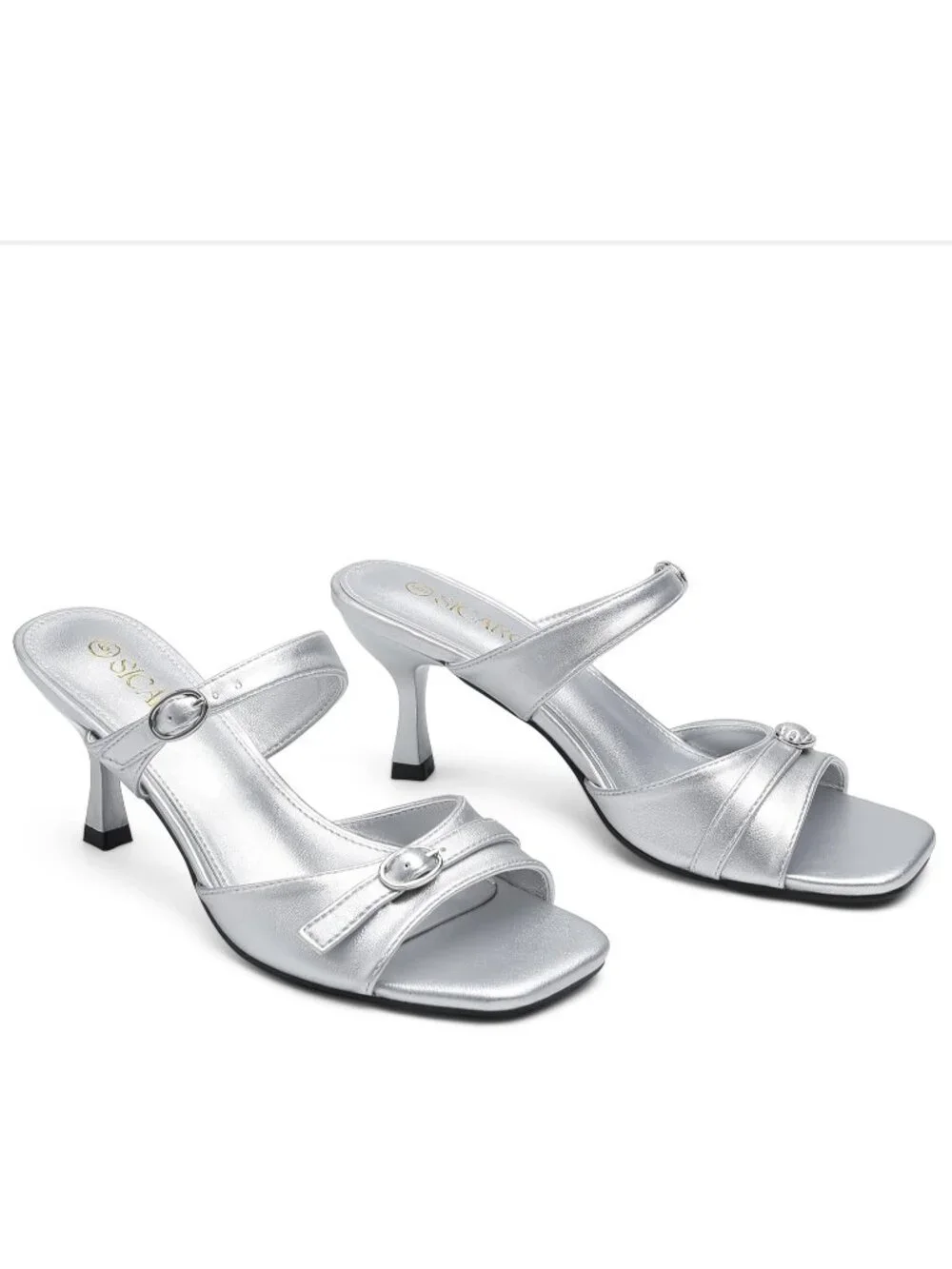 Women's Silver Square Open Toe Low Kitten Heels Buckle Strap Comfort Sandals